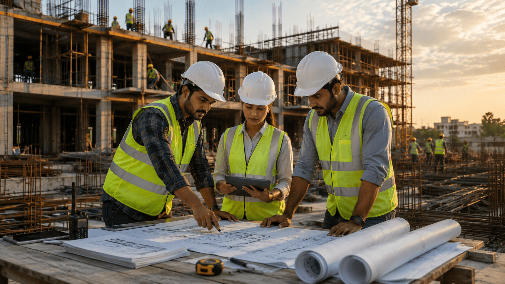 Project team coordinating construction work on site