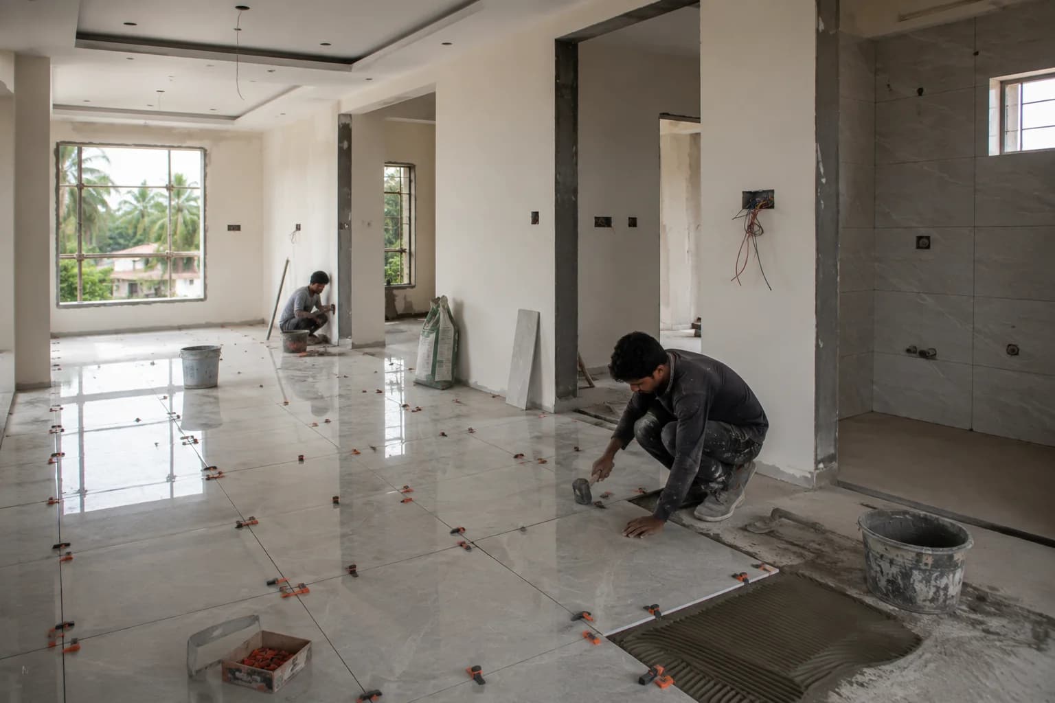 Floor tile installation during finishing stage